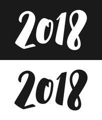 Happy New Year 2018 greeting card template. Calligraphic number 2018 with smooth contour on black and white backgrounds for Chinese Year of the Dog. Vector illustration.