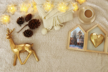 Winter concept with cozy lifestyle objects over fur carpet. Top view.