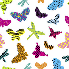 Abstract seamless pattern for girls clothes. Creative background with butterfly. Funny wallpaper for textile and fabric. Fashion style. Colorful bright