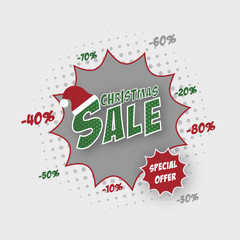 Christmas sale vector banner with Santa hat and comic text effect.