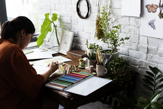 Asian Woman Is Working On Her Hand Drawing Artwork