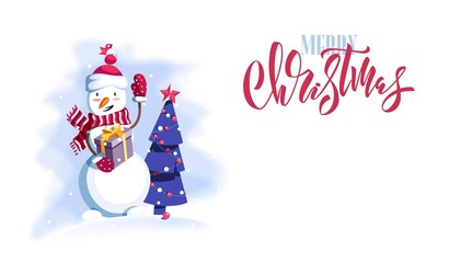 Merry Christmas and Happy New Year vector background with cute snowman and christmas tree. Winter cartoon illustration. 