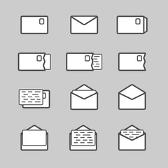 Envelope icon set. White ui elements collection. Postal signs