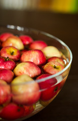 Autumn harvest of garden red small apples in the glass bowl with water.