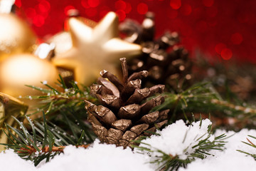 Christmas composition of Christmas tree toys on a red background