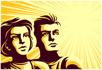 Vintage soviet propaganda style couple man and woman looking into the distance at their 
bright future with epic inspired confident face expression vector illustration - obrazy, fototapety, plakaty