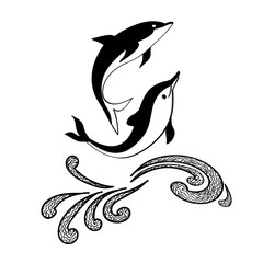 Naklejka premium Dolphins jumping in waves. Logo.