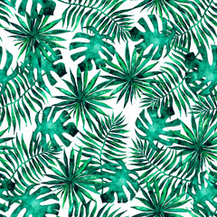 Seamless pattern with leaves and brunches of tropical plants and trees