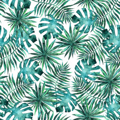 Naklejka na ściany i meble Seamless pattern with leaves and brunches of tropical plants and trees
