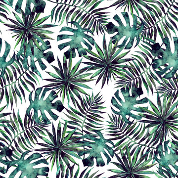 Seamless pattern with leaves and brunches of tropical plants and trees