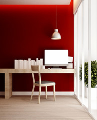 workplace and red wall in home or apartment - Interior design for artwork - 3D Rendering