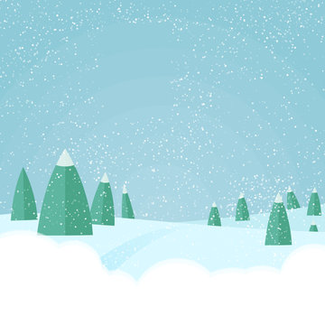 Christmas winter snowfall,forest landscape background,flat style