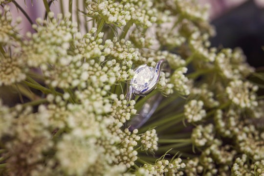 Diamon wedding engagement ring on natural romantic background