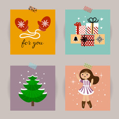 Fototapeta na wymiar Set of Christmas cards. Vector illustrations of Christmas attributes. Illustration for kids poster, postcard, cover.