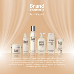 3D realistic cosmetic bottle ads template. Cosmetic brand advertising concept design with wavy light abstract background