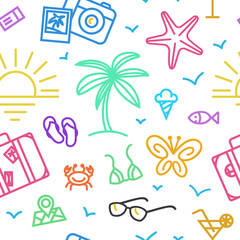 Summer vacation pattern with different travel icons in linear style.