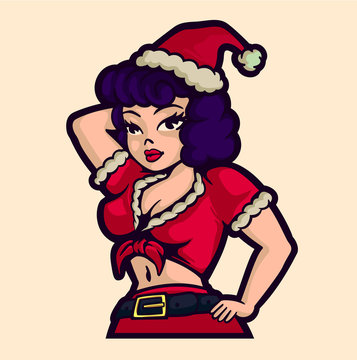 Vintage christmas pin-up woman posing with santa claus costume dress cartoon vector illustration