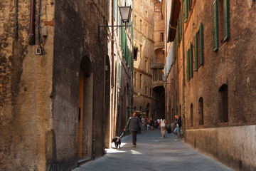 Beautiful medieval narrow street in the spring, Siena, Italy. Historic centre of Siena has been declared by UNESCO a World Heritage Site. - obrazy, fototapety, plakaty