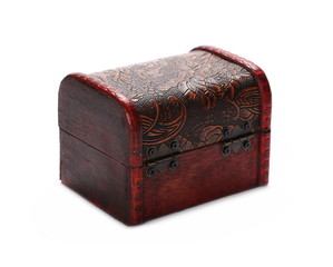 Wooden jewelry gift box, treasure chest isolated on white background
