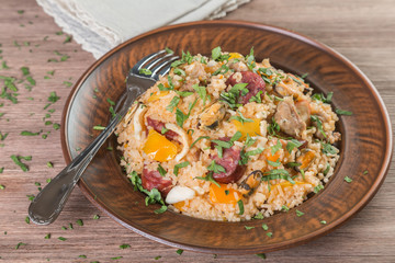  Jambalaya in a ceramic plate. The national dish of the United States. Close-up.