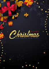 Marry Christmas and Happy New Year poster on red background with gift boxes. Vector illustration.