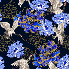 Naadloos patroon met Japanse witte kraanvogels en pioenroos, geborduurde pailletten