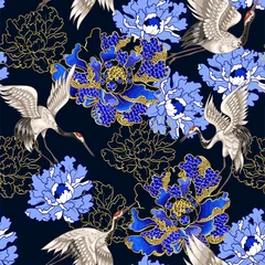 Behang Japanse stijl Naadloos patroon met Japanse witte kraanvogels en pioenroos, geborduurde pailletten