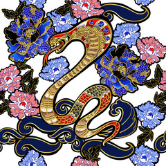 Design clothers with snake and peony patch embroidery with sequins.