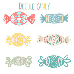 Set of cartoon multi-colored festive candies of various shapes. Vector element for your creativity