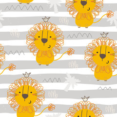 Cute little lion cartoon style. Vector pattern