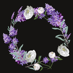 Lavender and peony round frame vector template on black background
