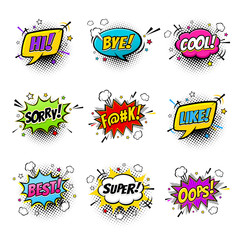 Comic speech bubbles and splashes set with different emotions and text Hi, Bye, Cool, Sorry, Like, Best, Super, Oops. Vector bright dynamic cartoon illustrations isolated on white background. © irina_levitskaya