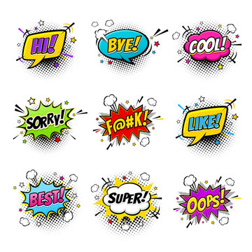 Comic speech bubbles and splashes set with different emotions and text Hi, Bye, Cool, Sorry, Like, Best, Super, Oops. Vector bright dynamic cartoon illustrations isolated on white background.