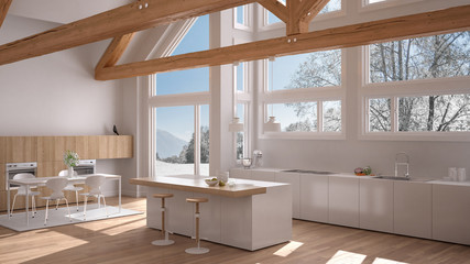 Fototapeta na wymiar Modern kitchen in classic villa, loft, big panoramic windows on winter meadow, white minimalist interior design