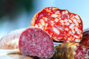several types of sliced sausage