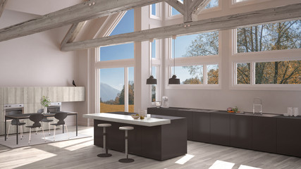 Modern kitchen in classic villa, loft, big panoramic windows on autumn meadow, white and gray minimalist interior design