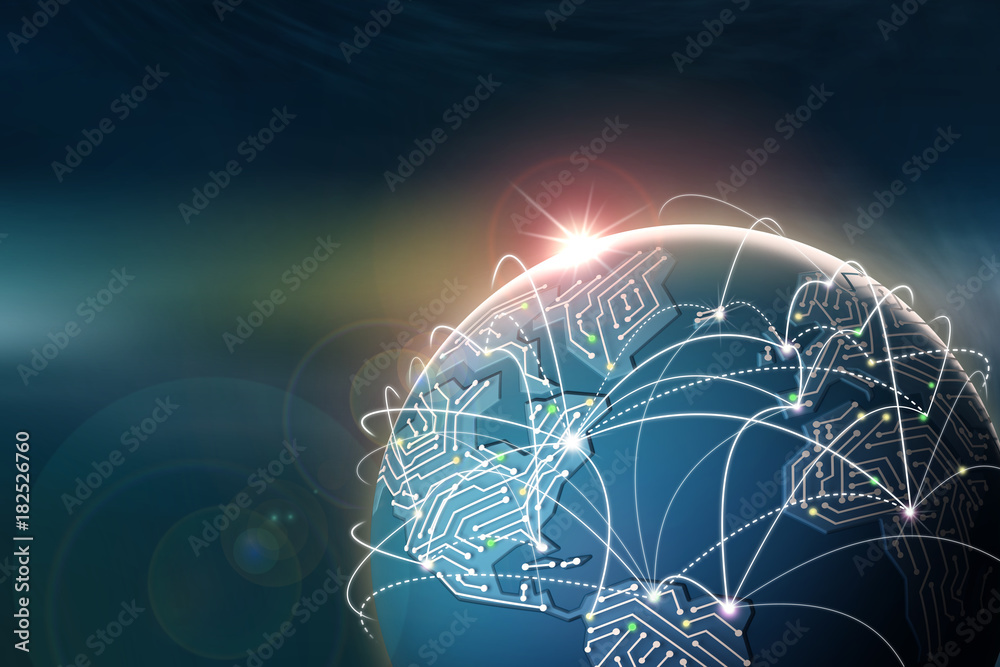 Fototapete global internet. communication and data exchange. dawn over the planet and the continents of the chi