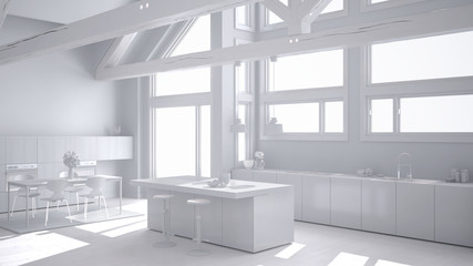 Total white project of modern kitchen in classic villa, loft, big panoramic windows, minimalist interior design