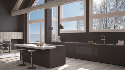 Modern kitchen in classic villa, loft, big panoramic windows on winter meadow, white and gray minimalist interior design