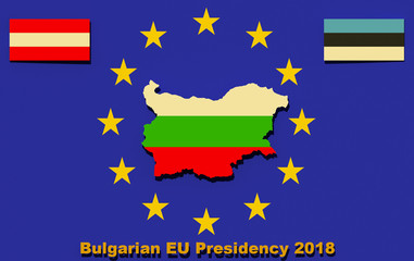 Bulgarian EU council presidency 2018 3D illustration sign. Austrian, Estonian flags, Bulgarian flag borders map on EU flag background. Collection.