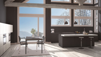 Modern kitchen in classic villa, loft, big panoramic windows on winter meadow, white and gray minimalist interior design