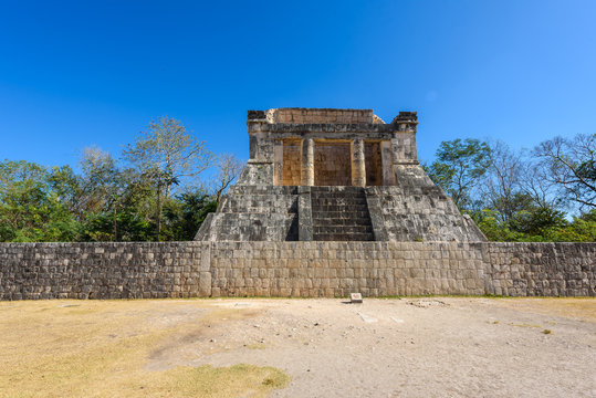 View of the ballcourt at Chichen Itza, old historic ruins in Yucatan, Mexico