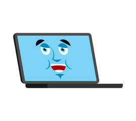 Laptop Happy emoji face avatar. Computer lucky emotions. PC cheerful. Vector illustration