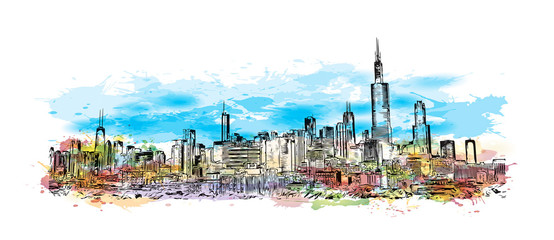 Obraz premium Powitalny akwarela z ręcznie rysowane szkic Skyline Chicago, USA w ilustracji wektorowych.