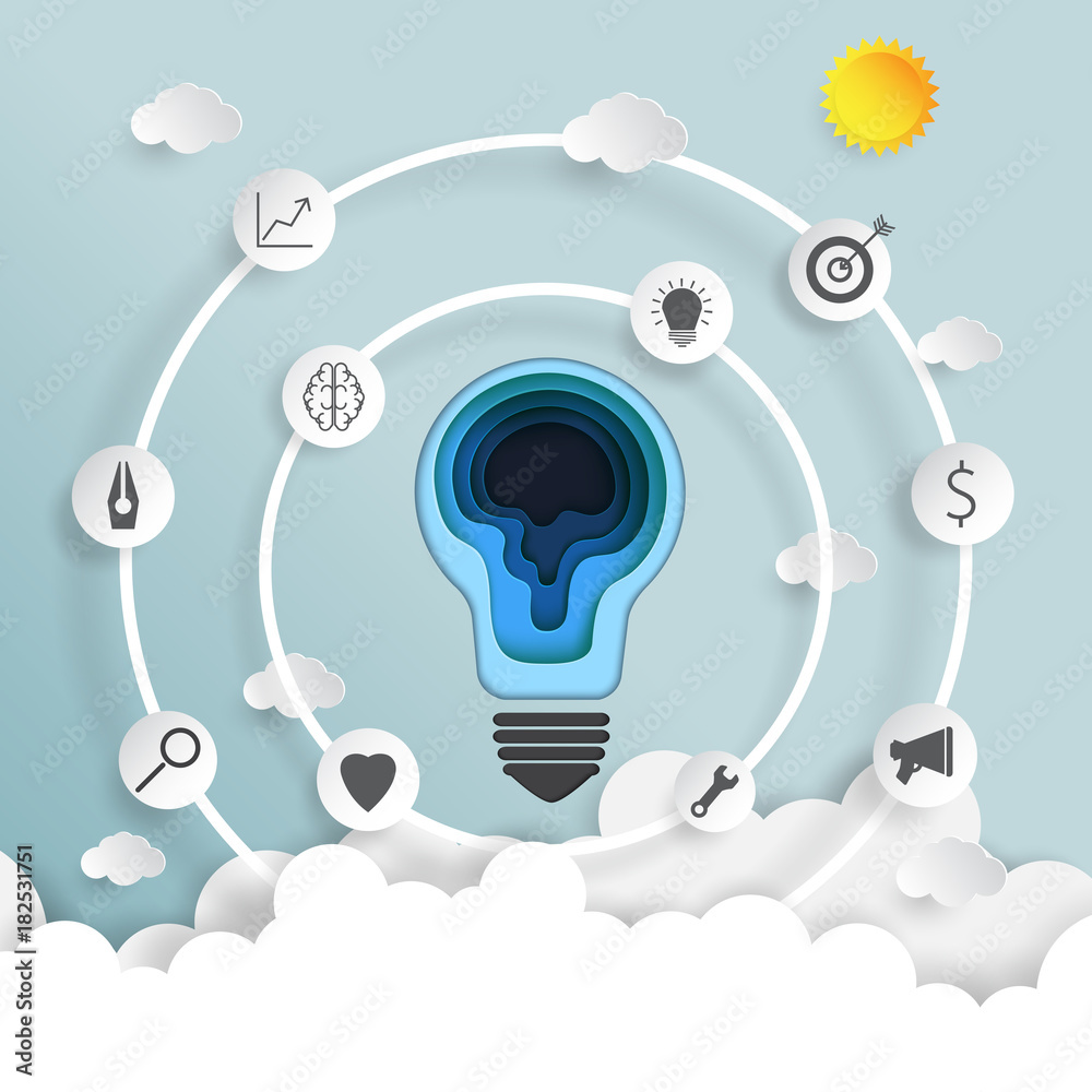 Poster light bulb on blue sky and clouds of business strategy creative idea concept paper art style.vector 