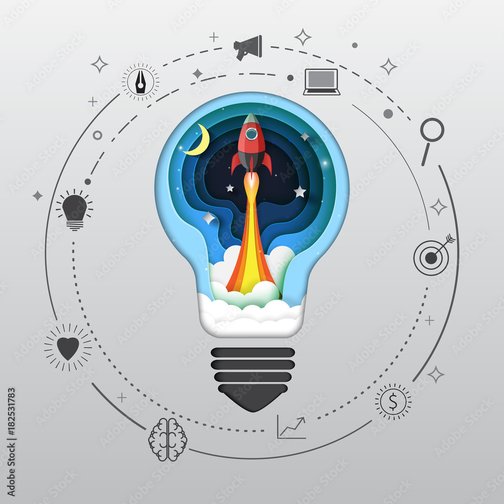 Poster Rocket ship launch icon in light bulb paper art style design.Business startup concept.Vector illustration.