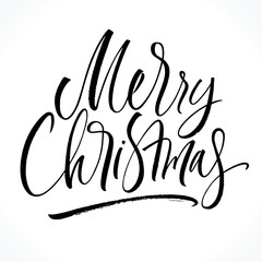 Merry Christmas Lettering. Handwritten modern calligraphy, brush painted letters. Vector illustration. Template for banners, posters, postcards, greeting cards or photo overlays.