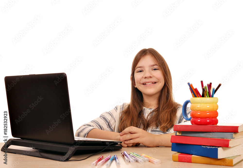 Wall mural happy little girl with laptop at home