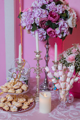 Candy Bar. Marshmallow skewers. Flower shape cookies . Flower flat cake. Candy Bar