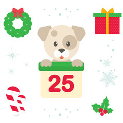 cartoon cute winter dog with calendar christmas illustration